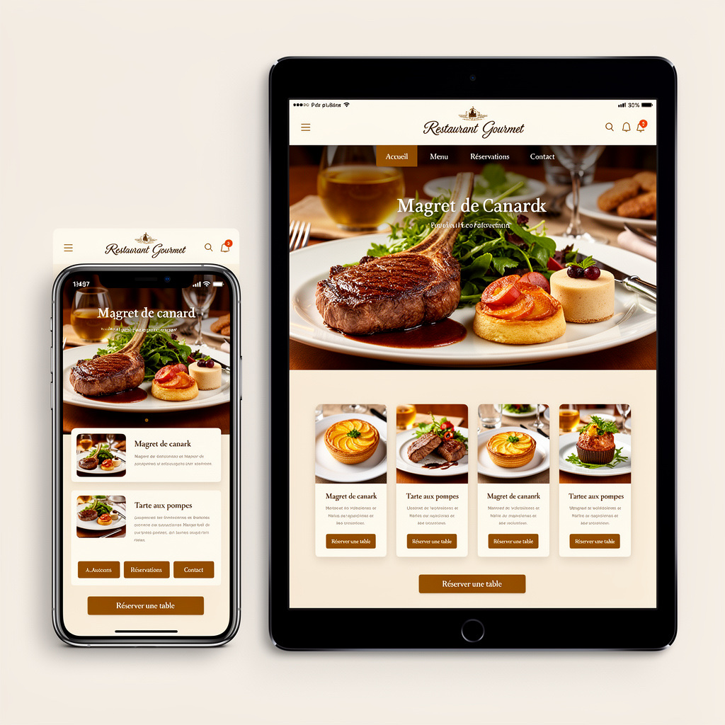 Mockup site restaurant responsive sur téléphone et tablette avec photos de plats
